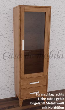 Vitrine halbhoch mit holzbeine und 2 Schubladen 46x132x32cm MIDO Eiche massiv tabakfarben geölt geölt Casa de mobila Goslar