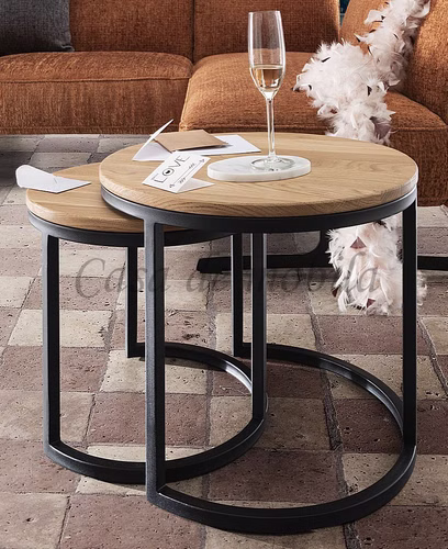 Beistelltisch-Set rund ⌀50x43/40x38cm BENTE Wildeiche massiv geölt Beistelltisch-Set BENTE rund 50x43x50cm und 40x38x40cm Wildeiche natur geölt Metallgestell schwarz Casa de mobila Goslar