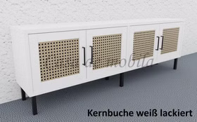 TV-Board mit 4 Holztüren Wiener Geflecht 176x59x33cm CONTRA Massivholz Fernsehkommode mit 4 Türen Wiener Geflecht CONTRA 176x59x33cm Kernbuche massiv weiß lackiert Casa de mobila Goslar