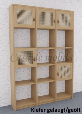 Massivholz Aktenregal mit Holztüren Wiener Geflecht CONTRA 136x199x33cm kiefer massiv gelaugt geölt Casa de mobila Goslar