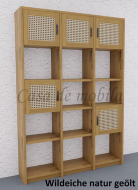 Massivholz Büroregal mit Holztüren Wiener Geflecht CONTRA 136x199x33cm Wildeiche massiv natur Casa de mobila Goslar
