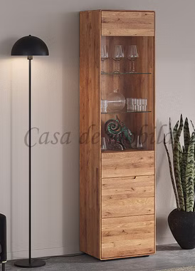 Vitrine I 1türig GOSE schmal 51x200x40cm rustikale Wildeiche massiv natur geölt mit abgerundeten Kanten Casademobila Goslar