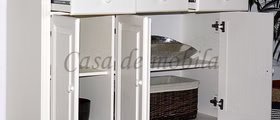 Sideboard 3türig mit geöffneten Türen KOPENHAGEN Fichte massiv 2farbig antikweiß / kolonial Landhausstil