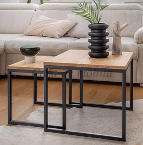 Beistelltisch Set NOAH 50x43x50cm / 40x38x40cm Wildeiche massiv natur geölt Metallgestell schwarz Casa de mobila Goslar