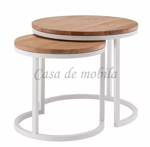 Beistelltisch-Set BENNI rund 50x43x50cm / 40x38x40cm Wildeiche massiv natur geölt Metallgestell rund weiß Casa de mobila Goslar
