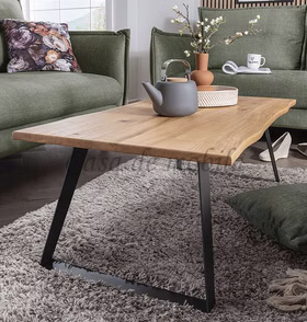 Couchtisch mit baumkante CHARLIE 110x40x60cm Wildeiche massiv natur geölt mit schwarzen Metallkufen Casa de mobila Goslar