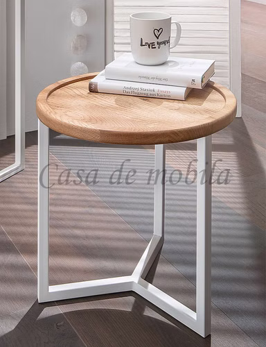 Beistelltisch 2er Set MELINE rund Wildeiche massiv natur geölt Metallbeine weiß Casa de mobila Goslar