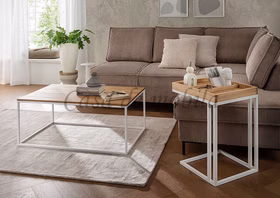 Couchtisch-Set ALEXANDRA und LENNY Wildeiche massiv natur geölt Metallbeine weiß Casa de mobila Goslar
