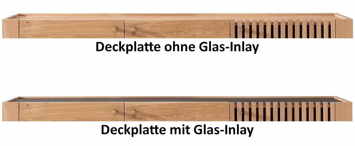 Deckplatte mit und ohne Glas-Inlay Zwei beschriftete Tischdeckplatten zeigen eine Ausführung mit und ohne Glas-Inlay.