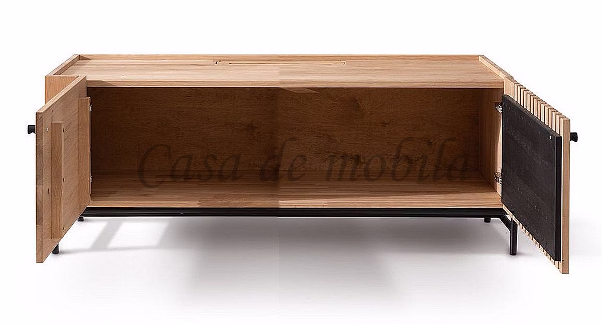 ASCONA Lowboard geöffnet Niedriges Holzboard mit geöffneten Türen und sichtbaren Ablagefächern auf Metallgestell.