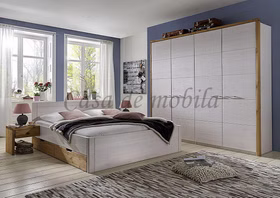 Holzbett mit Schubladen 4 Türiger Kleiderschrank Nachttische Rauna Kiefer massiv 2farbig weiß lasiert / gelaugt geölt