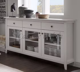 Geschirrkommode mit 3 glastüren Solvita 144x91x40cm Kiefernholz weiß Casa de mobila Goslar