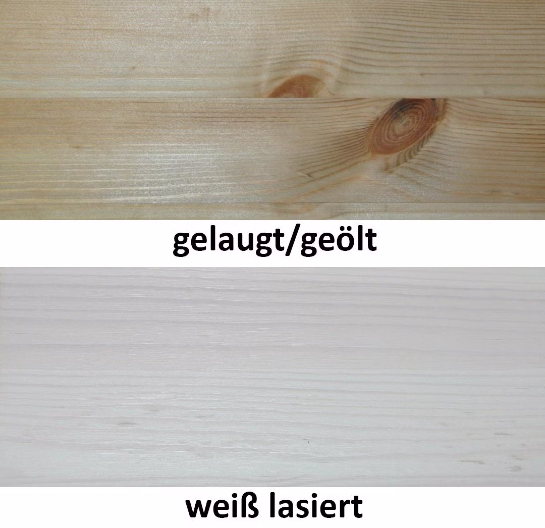 Naturholz und weiße Lasur Zwei beschriftete helle Holzoberflächenmuster in Natur und weißer Lasur.