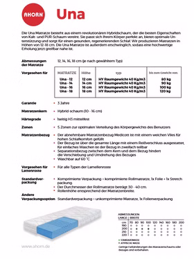 Datenblatt Matratze Una AHORN Datenblatt Matratze Una AHORN