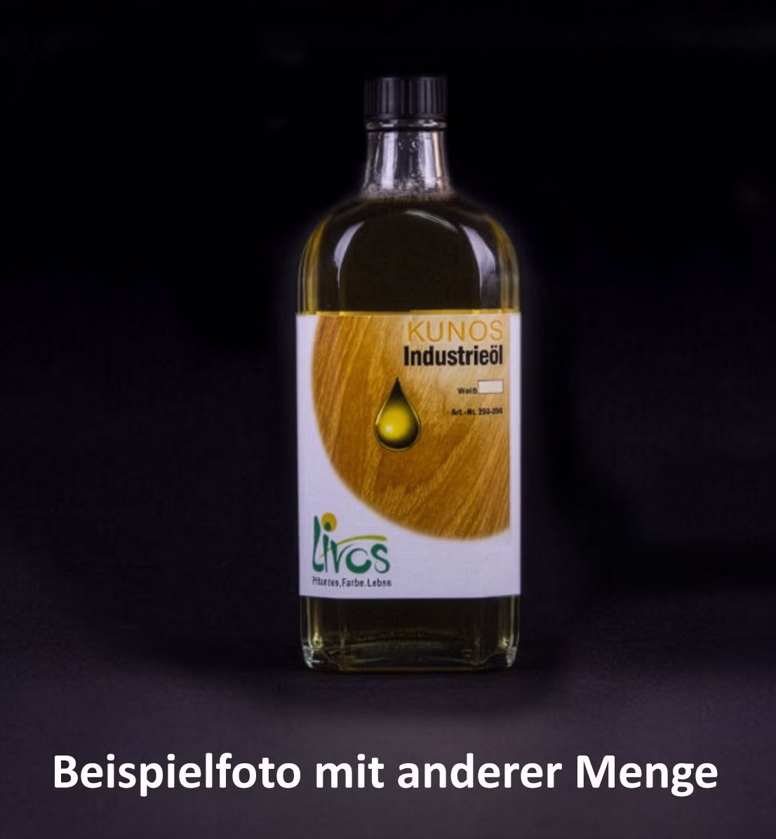 VELIO Pflegeölflasche Dunkle Pflegeölflasche mit gelbem Livos-Etikett vor schwarzem Hintergrund.