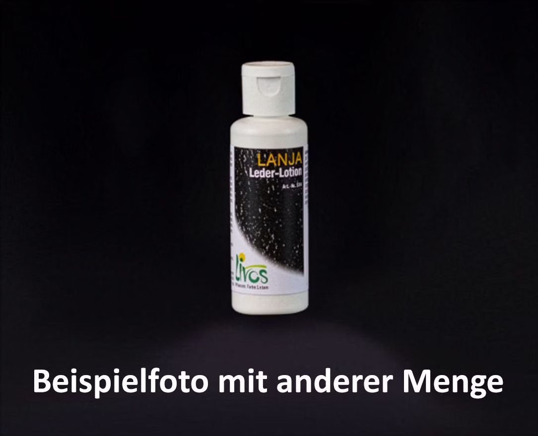 LANJA Lederlotion Kleine Flasche Lederlotion mit weißem Verschluss und Livos-Etikett vor schwarzem Hintergrund.
