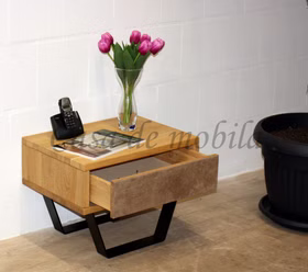 Nachttisch mit Schublade und Metallkufen Leder braun MODERN SLEEP Wildeiche bianco geölt massiv Nachtkommode mit Metallkufen schwarz und Schublade Leder braun MODERN SLEEP 56x43x40cm Wildeiche bianco geölt massiv