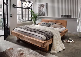 Doppelbett 180x200x42 cm Rustikal UNIKAT Asteiche massiv geölt Holzkufe Holzkopfteil Casa de mobila Goslar