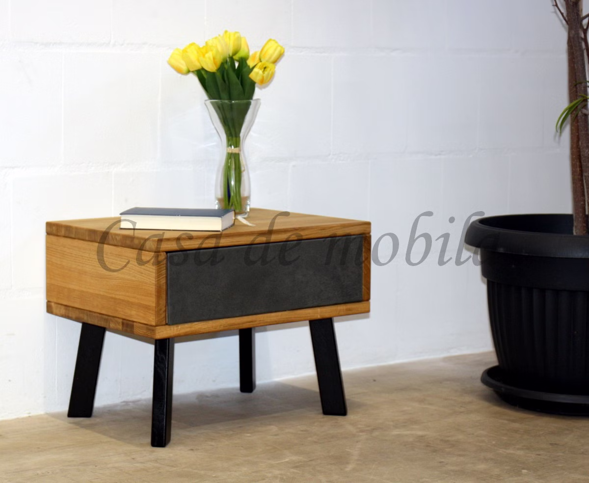 Nachttisch mit Schublade anthrazitfarbenes Leder MODERN SLEEP Wildeiche natur geölt massiv Metallbeine Nachtkommode mit Schublade Leder grau MODERN SLEEP 56x43x40cm Wildeichenatur geölt massiv Metallbeine
