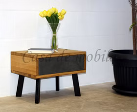 Nachttisch mit Schublade anthrazitfarbenes Leder MODERN SLEEP Wildeiche natur geölt massiv Metallbeine Nachtkommode mit Schublade Leder grau MODERN SLEEP 56x43x40cm Wildeichenatur geölt massiv Metallbeine