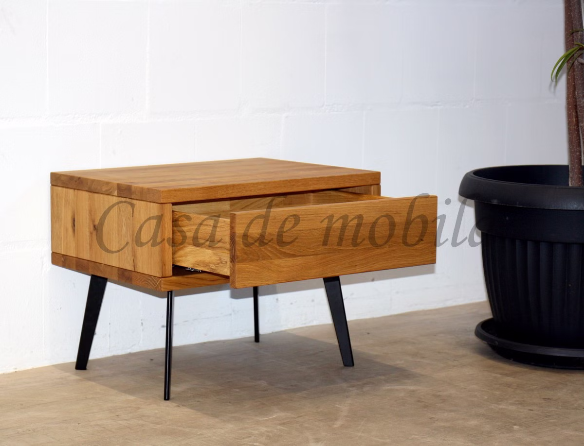 Nachttisch mit Schubfach MODERN SLEEP 56x43x40cm Wildeiche natur geölt massiv Metallbeine schwarz Nachtkommode mit Schublade MODERN SLEEP 56x43x40cm Wildeiche natur geölt massiv Metallbeine schwarz