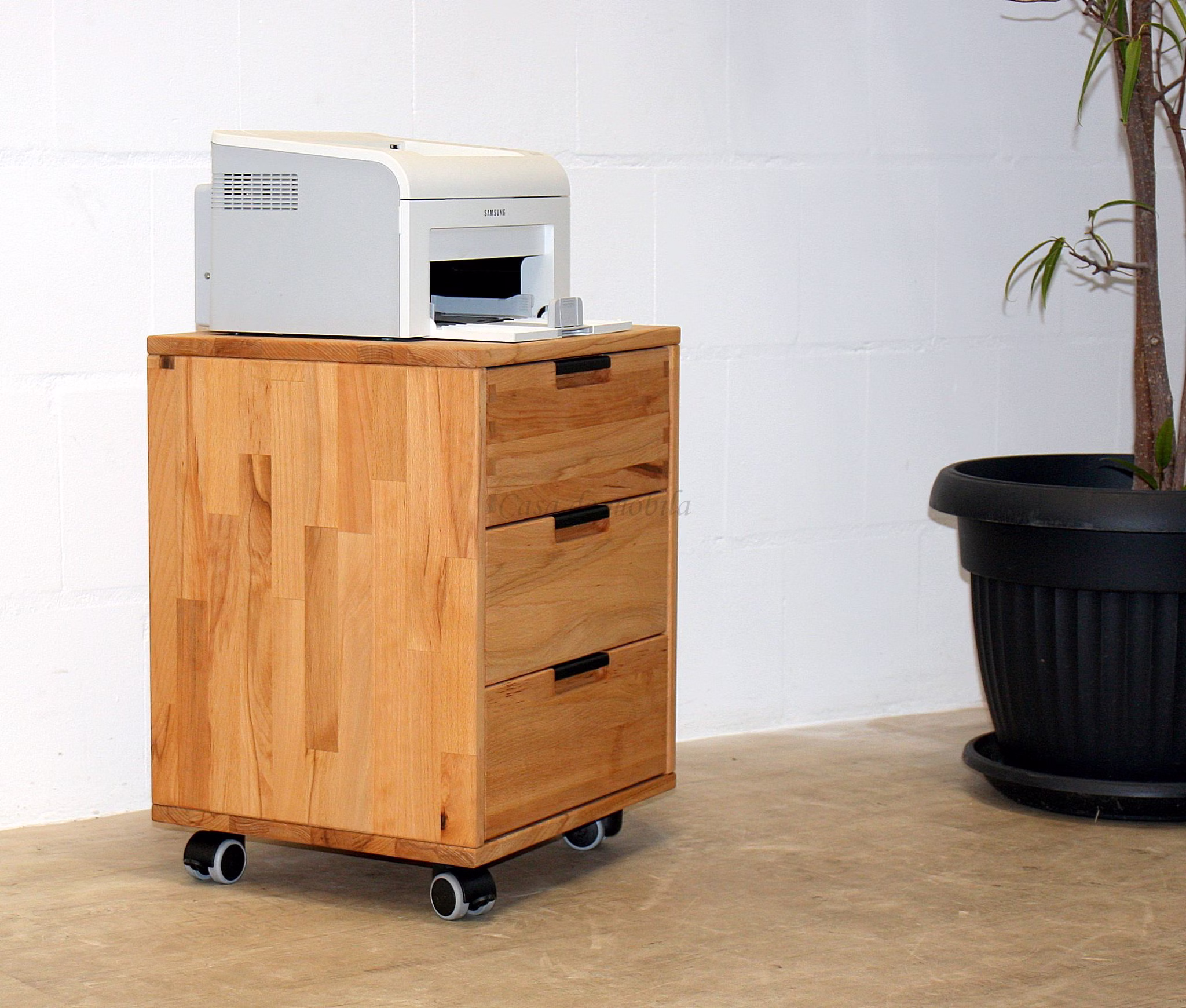 MIDO Kernbuche – Rollcontainer Holzrollcontainer mit drei Schubladen und schwarzen Griffen