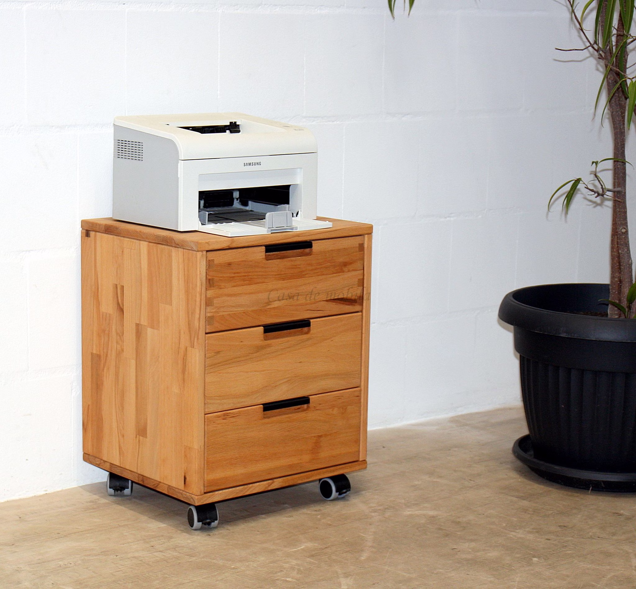 MIDO Kernbuche – Rollcontainer Holzrollcontainer mit drei Schubladen und schwarzen Griffen