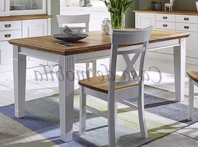Esstisch 140x76x80cm OAKDALE Birke weiß / Wildeiche natur geölt Rechteckiger Esstisch im Landhausstil, weiß lackiert mit Eicheplatte.
