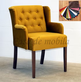 Polsterstuhl mit Armlehnen 62x90x65cm WIRSBERG Samtverlous mais gelb Farbauswahl, Beine Nussbaum Casa de mobila Goslar Polsterstuhl WIRSBERG 62x90x65cm mit Armlehne Samtverlous gelb Stoffmuster Holzbeine Buche nussbaum lackiert