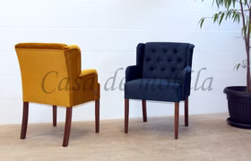 Polsterstühle mit Armlehnen 62x90x65cm WIRSBERG Velours dunkelblau, Samtverlous mais gelb, Beine Nussbaum Casa de mobila Goslar Esszimmerstühle mit Armlehnen WIRSBERG 62x90x65cm Velourbezug dunkelblau, Samtverlous mais gelb, Buche nussbaum lackiert