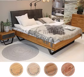 Ehebett MODERN SLEEP 180x200 Metallkufen schwarz Wildeiche oder Kernbuche massiv mit Lederkopfteil anthrazit Holzbett MODERN SLEEP 180x200 Wildeiche oder Kernbuche massiv mit Lederkopfteil anthrazit Metallkufen schwarz