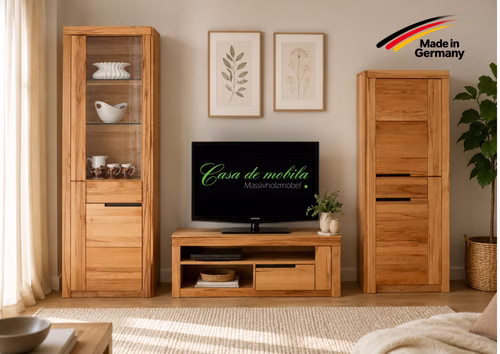 Wohnwand-3teilig-horizont-kernbuche-made-in-germany 3-teilige Wohnwand HORIZONT aus massiver Kernbuche mit Vitrine, TV-Lowboard und Highboard – Made in Germany