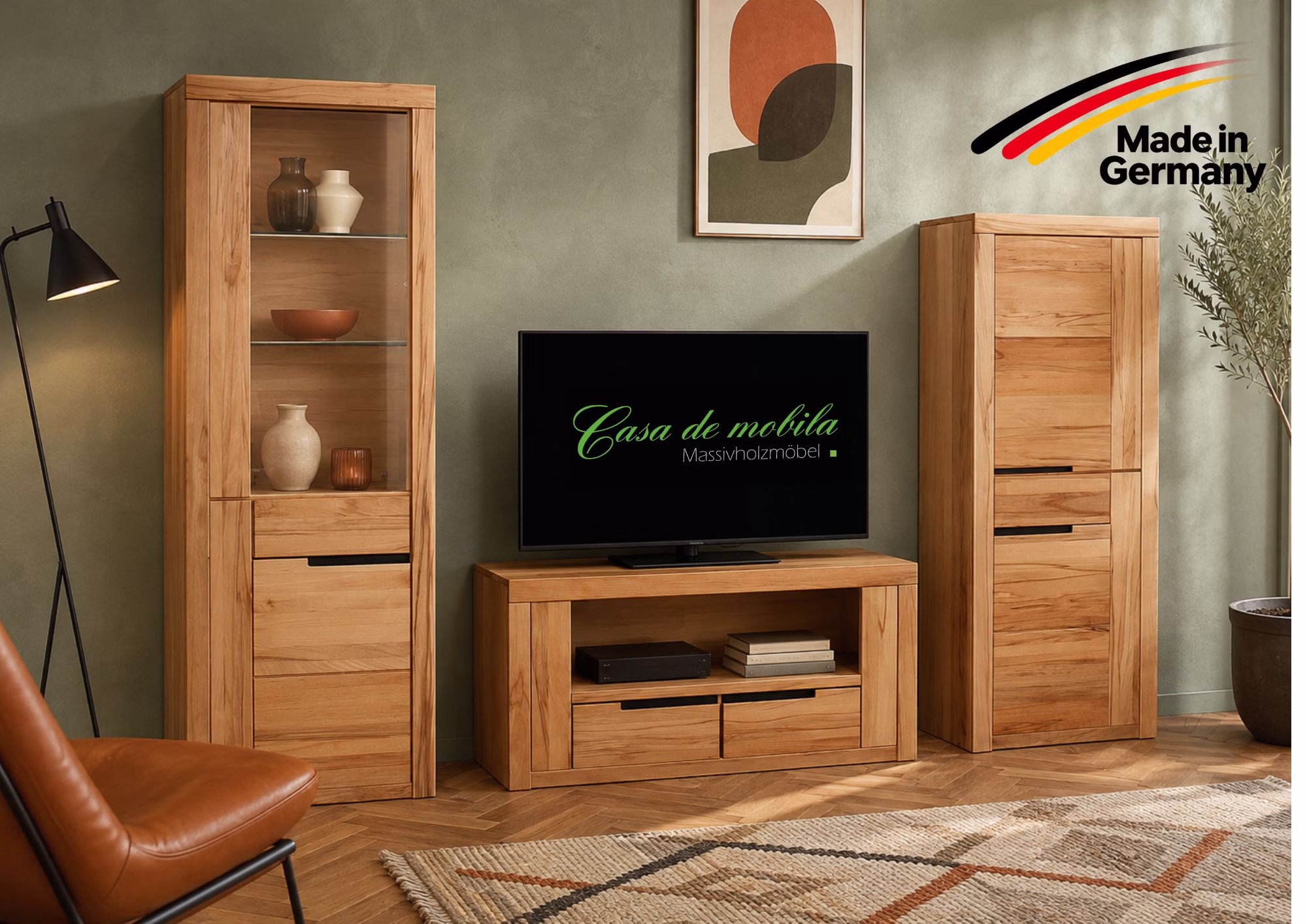 wohnwand-horizont-3teilig-kernbuche-made-in-germany 3-teilige Wohnwand HORIZONT aus massiver Kernbuche mit Vitrine, TV-Kommode und Wohnzimmerschrank – Made in Germany