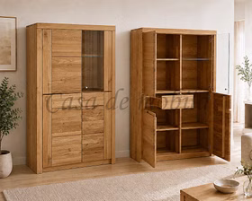 Zwei massive Highboards HORIZONT aus Wildeiche in einem hellen Wohnzimmer, ein Schrank geschlossen und einer komplett geöffnet