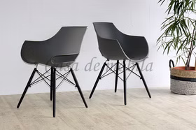 Graue Schalenstühle JAZZ mit schwarzen Metallbeinen in moderner Seiten- und Rückansicht.