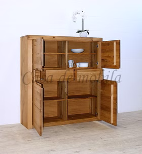 highboard-horizont-wildeiche-massiv-natur-geölt Innenansicht des geöffneten Highboards Horizont aus massiver Wildeiche mit Blick auf die stabilen Holzeinlegeböden, die geöffneten Schubladen und das großzügige Stauraumangebot.