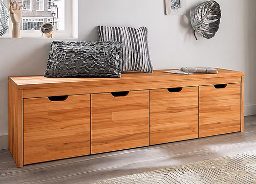 bank-gomma-4-schubkästen-kernbuche-massiv Große Sitzbank GOMMA im dänischen Design aus Buchenholz massiv mit vier praktischen Rollschubkästen für maximalen Stauraum im Flur.