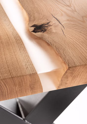 Tischplatte oval HARZTISCH Schweizer Kante transparent Wildeiche