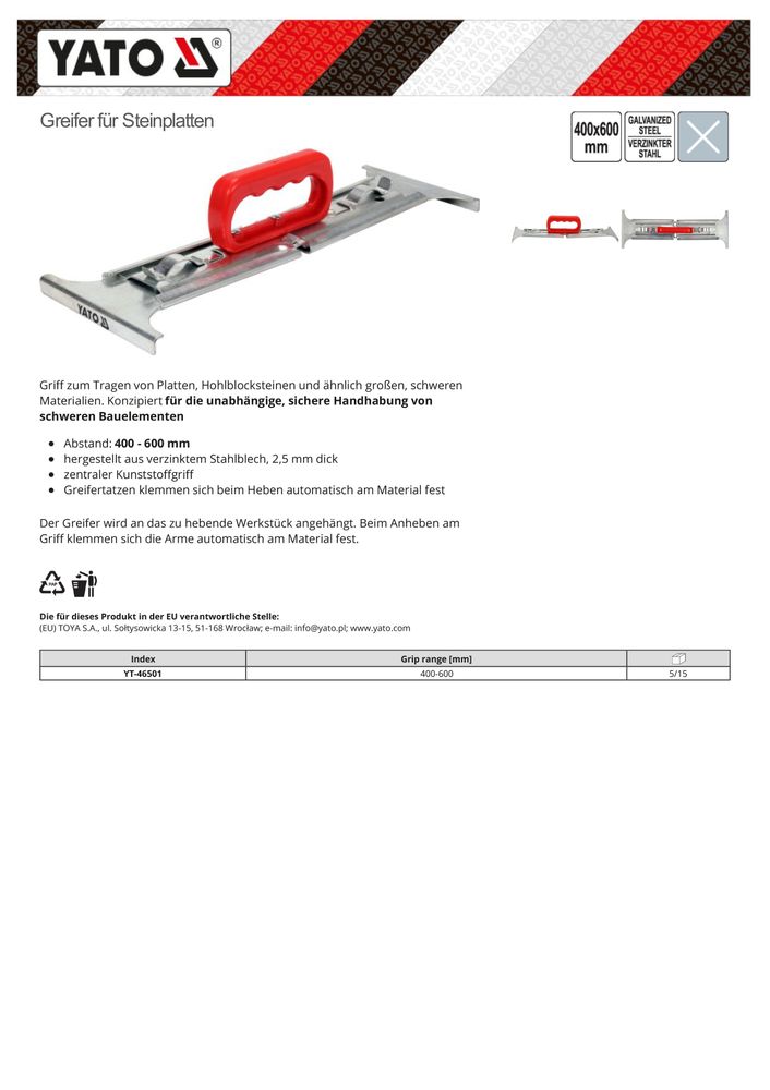 Produktbild von Yato Plattenheber 400-600 Mm YT-46501 – Profi-Werkzeug Für Handwerker