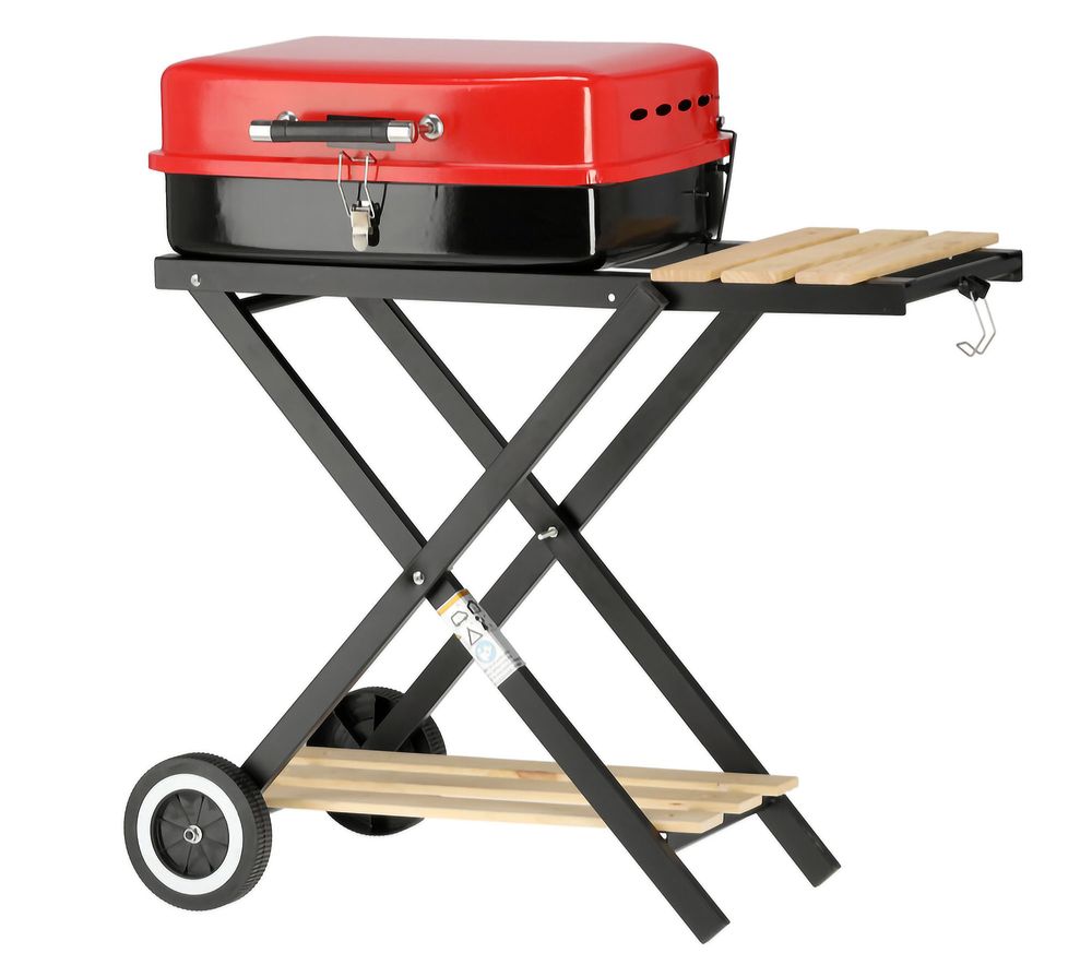 Mobiler Holzkohlegrill klappbar | BBQ Grillwagen mit Deckel, verchromtem Grillrost & Warmhalterost | Campinggrill mit Holzablagen & Rollen | Kompakter Klappgrill für Garten & Balkon