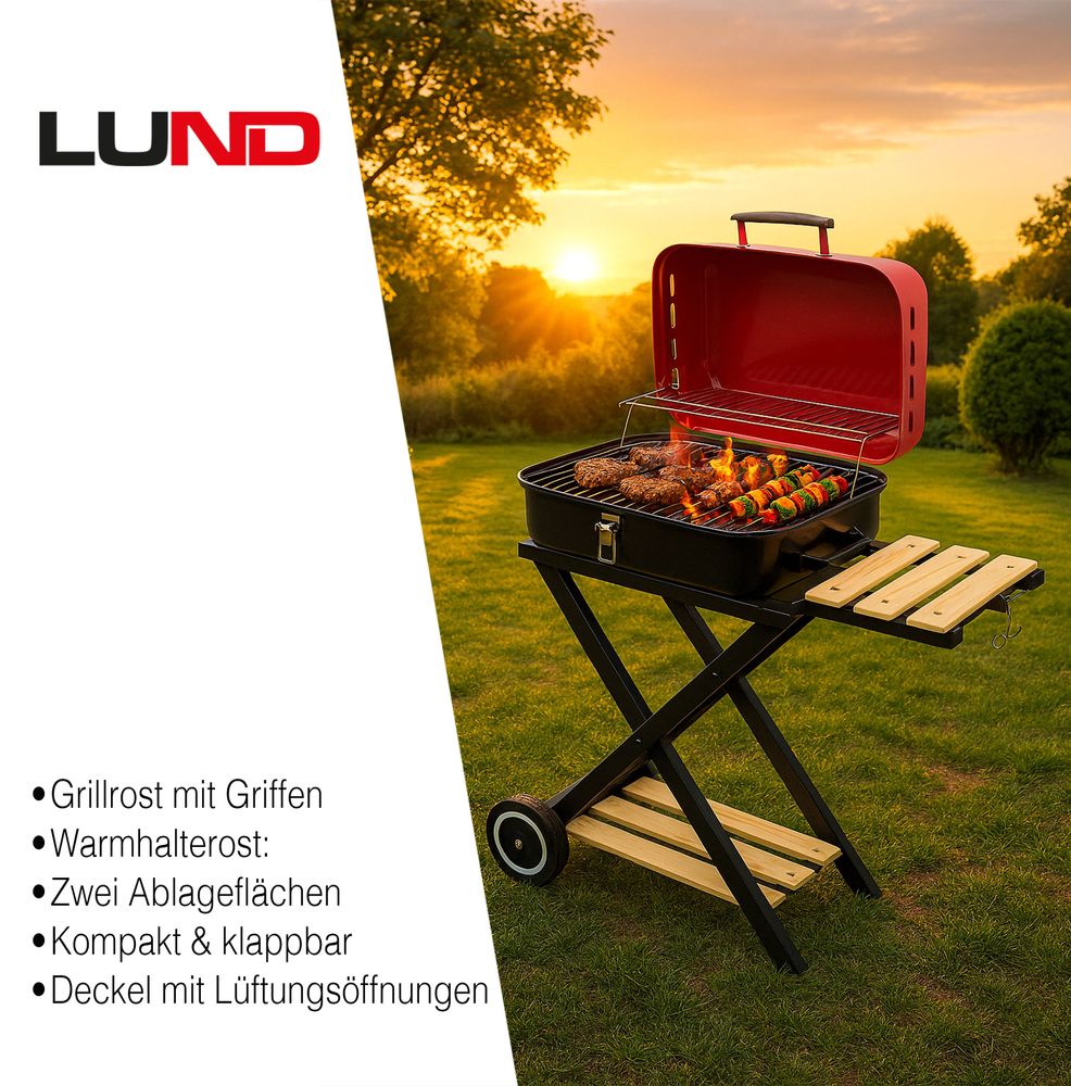 Mobiler Holzkohlegrill klappbar | BBQ Grillwagen mit Deckel, verchromtem Grillrost & Warmhalterost | Campinggrill mit Holzablagen & Rollen | Kompakter Klappgrill für Garten & Balkon