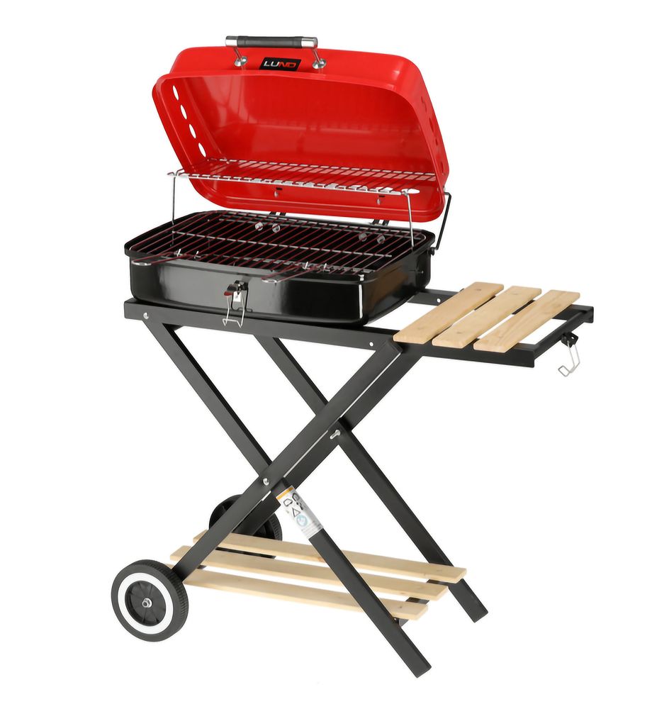 Mobiler Holzkohlegrill klappbar | BBQ Grillwagen mit Deckel, verchromtem Grillrost & Warmhalterost | Campinggrill mit Holzablagen & Rollen | Kompakter Klappgrill für Garten & Balkon