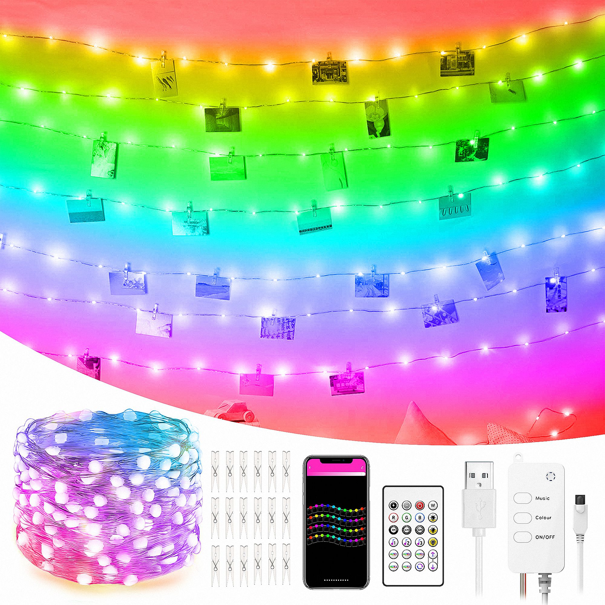 Smart LED fotoclips RGB lichterkette Innen 10 Meter WIFI SMART kompatibel mit Alexa, Google Home und TUYA