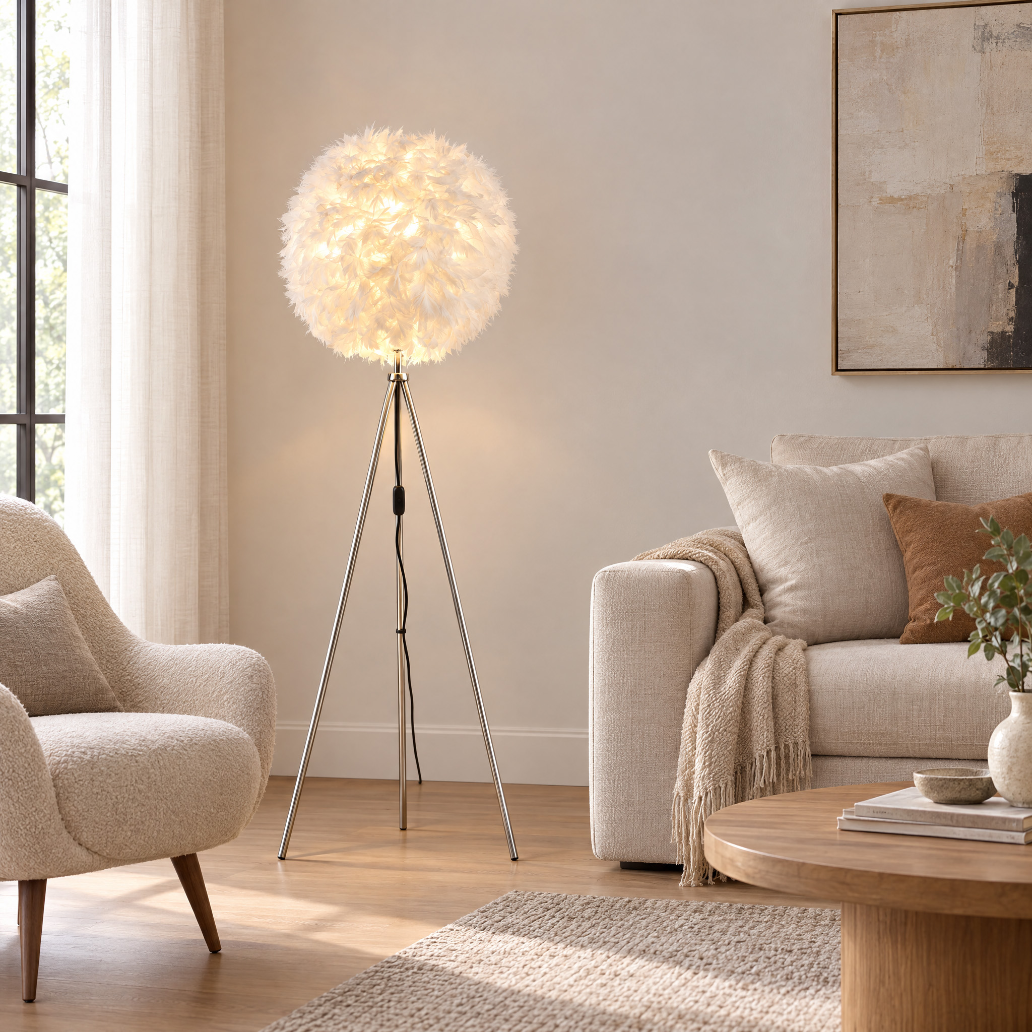 Stehleuchte Federkugel Ø40cm – Elegante Entenfeder-Stehlampe WEISS für stilvolles Ambiente