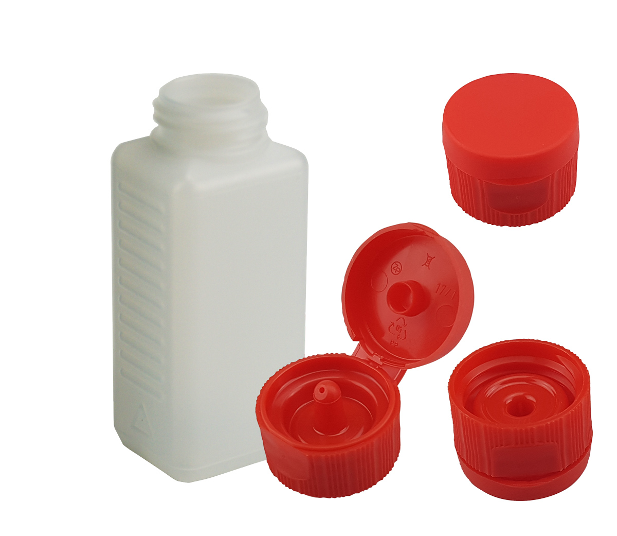 100ml HDPE-Vierkantflasche geriffelt Gewinde 28 (350 Stück)