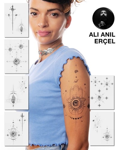 Tattoo Set mit filigranen mystischen Line-Art Motiven und symbolischen Elementen Tattoo Set mit filigranen mystischen Line-Art Motiven und symbolischen Elementen