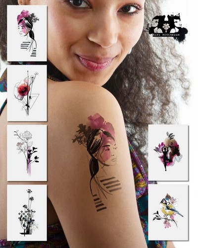 Tattoo Set mit floralen und künstlerischen Line-Art Motiven kombiniert mit Aquarell-Elementen Tattoo Set mit floralen und künstlerischen Line-Art Motiven kombiniert mit Aquarell-Elementen