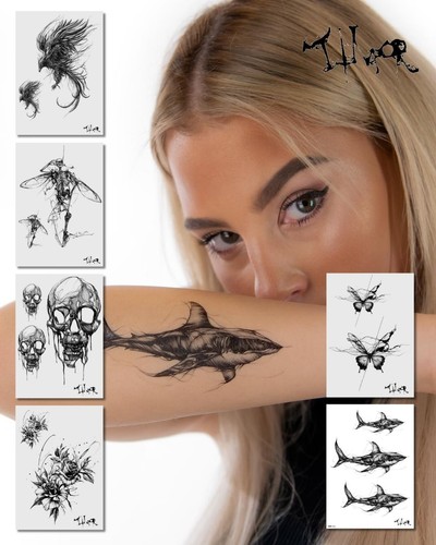 Tattoo Set mit dynamischen, skizzenhaften Motiven im düsteren Fine-Line Stil Tattoo Set mit dynamischen, skizzenhaften Motiven im düsteren Fine-Line Stil