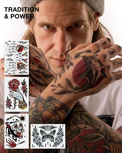 Tattoo Set mit kräftigen, traditionellen Oldschool-Motiven in markanten Farben Tattoo Set mit kräftigen, traditionellen Oldschool-Motiven in markanten Farben