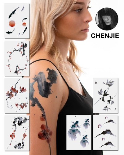 Tattoo Set mit abstrakten Watercolor- und Tuschemotiven in zarten, fließenden Formen Tattoo Set mit abstrakten Watercolor- und Tuschemotiven in zarten, fließenden Formen